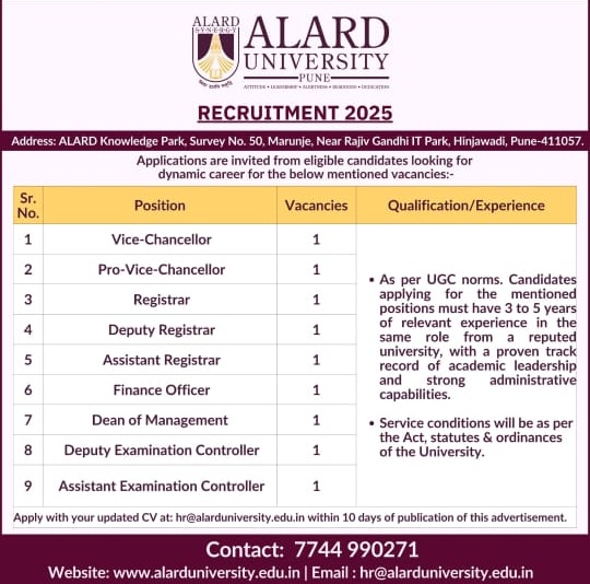 Alard University, Pune Teaching Non Teaching Recruitment 2025